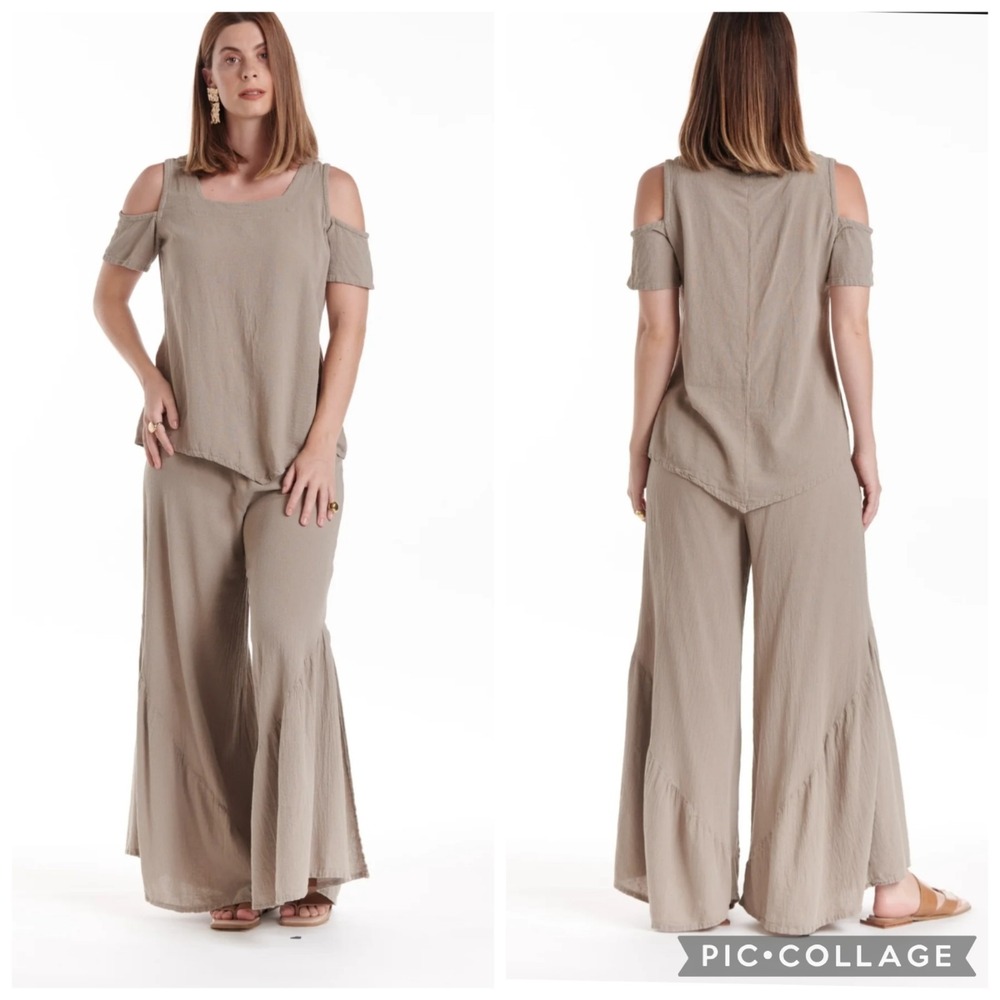 Oh My Gauze Dana Cutout Shoulder Blouse Beige Square Neck Boho Beachy Size 1 S/M - Picture 2 of 10